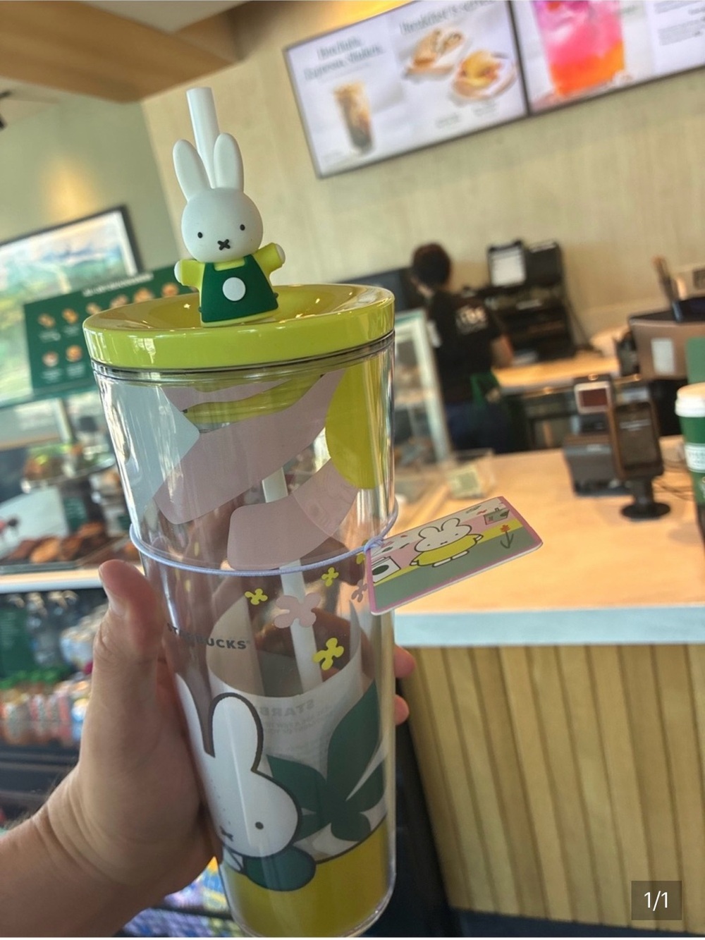 Starbucks Miffy Clear Tumbler with Yellow-Green Lid and White Bunny Topper